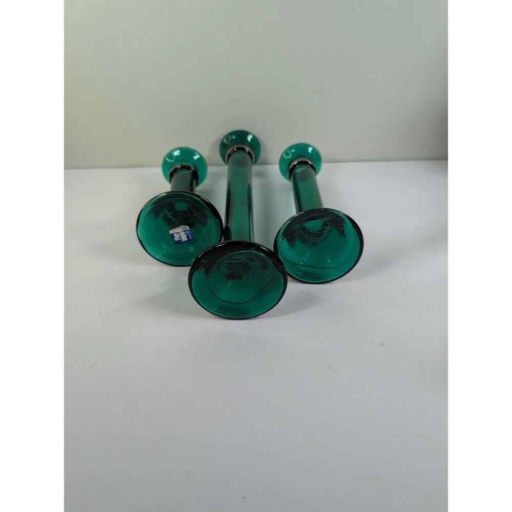 Pier One Set Of Green Glass Candlestick Holders /‎ Bud Vases